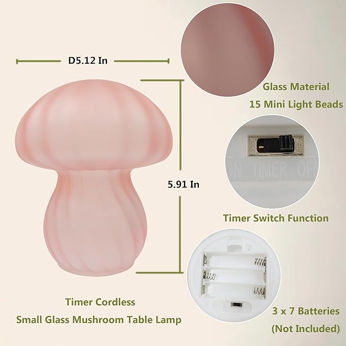 Mushroom Table Lamps Night Lights Cute Glass Nightstand Bedside Desk Lamps for Bedroom Living Study(Bulb Included) - Pink Stripes