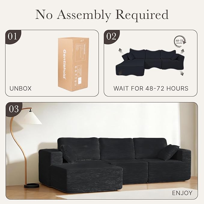 108” Modular Sectional Sofa Couch with Ottoman, 3-Seater Boneless Couch, L Shape Sectional Sofa Compressed Sofa for Living Room Bedroom, No Assembly Needed (Black, 3 Seats+1 Ottoman)
