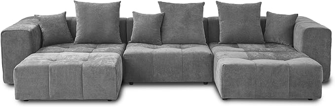 JACH 144.1 Inch U-Shaped Modular Sofa, Mid Century Modern Deep Seat Sectional Couch, 3-Seater Sofas with Chaise Ottomans for Living Room, Cozy Sofas for Apartment, Living Room (Linen Fabric, Grey)