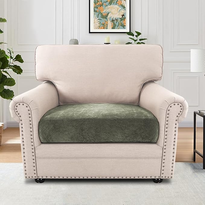 H.VERSAILTEX Chenille Slip Covers for Armchairs Super Stretch Sofa Slipcovers Thick Soft Sofa Cushion Protector Covers All Seasons Universal(1 Seater Armchair Cushion Cover,Tea Tree)