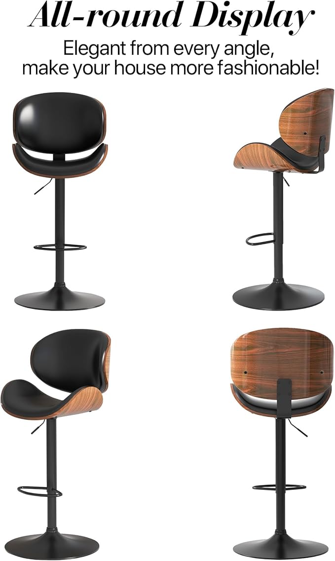 Adjustable Swivel Bar Stools Set of 3, Modern Bentwood Barstool with Large Metal Base and Footrest, PU Leather Upholstered Bar Chair with Curved Back for Kitchen Island Dining Room, Black