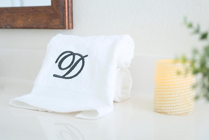 White Monogrammed Hand Towels for Bathroom - Luxury Hotel Quality Personalized Initial Embroidered Towel for Powder Room, Spa - GOTS Organic Certified - Set of 2 Dark Gray Letter D