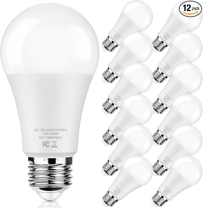 LED Light Bulbs 100W Equivalent 1500 Lumens, A19 13W 4000K Neutral White Non-Dimmable, Super Bright No Flicker Standard E26 Edison Screw Bulbs for Home, Bedroom, Office Lamp, 12-Pack
