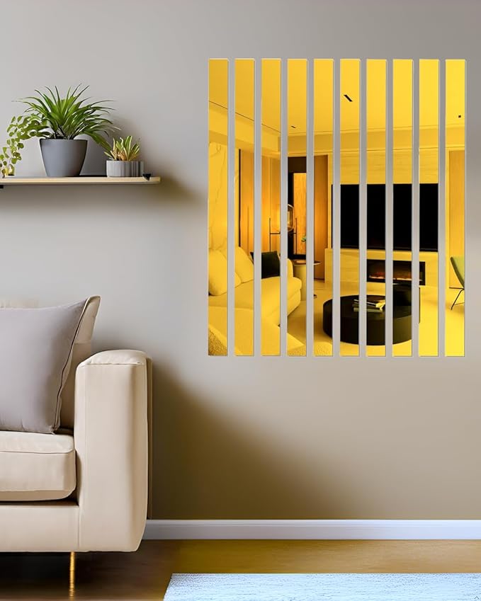 10Pcs DIY Striped Mirror Stickers 39.37 Inch Self Adhesive Long Acrylic Wall Decals Mirror Strips Removable for Home Art Wall Decor (Golden)