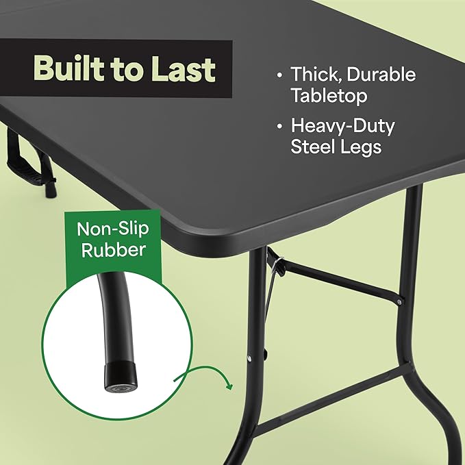 EconoHome Black 8ft Folding Table with Handle | Heavy-Duty Foldable Table | Portable Table for Indoor & Outdoor Use | Perfect for Events, Camping, Parties, Dining & More