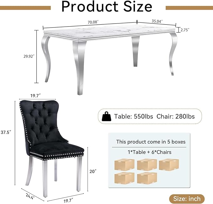 Goujxcy 70" Marble Dining Table Set for 6, Modern 7 Piece Dining Room Table Set with White Faux Marble Dining Table & 6 Black Velvet Upholstered Chairs, Luxury Silver Kitchen Table Chairs Set of 6