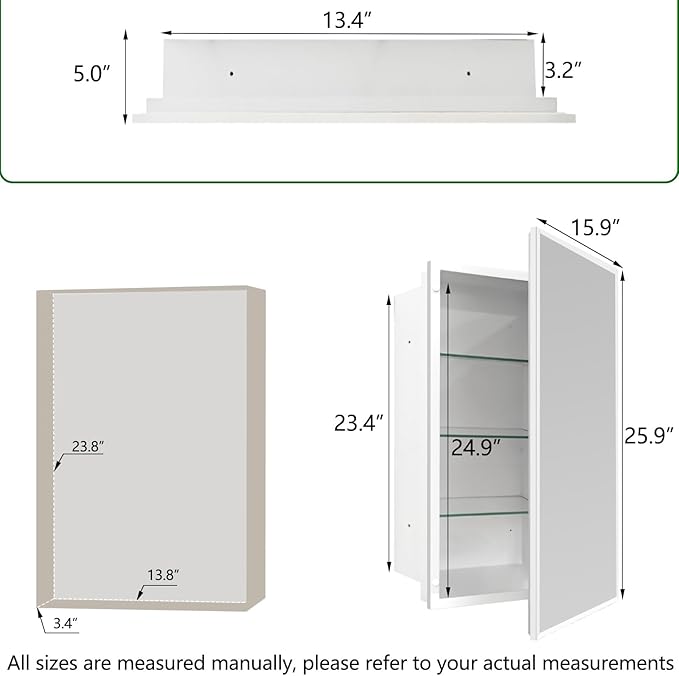 Medicine Cabinet with Mirror 16x26 inch, Recessed Medicine Cabinet or Surface Wall Mount Plastic Bathroom Cabinets with Removable Shelves, Beveled Edge Mirror Cabinet