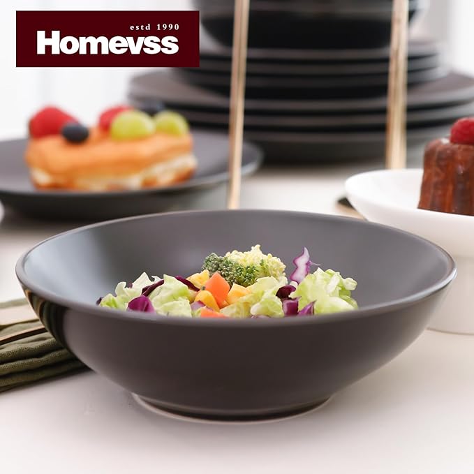 Stoneware Two-Tone Colors Life 12pc Dinner Set，Outside Shiny Black + Inside Matte Glaze Warm Grey