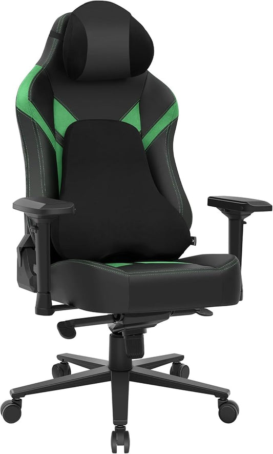 Ergonomic Gaming Chair, Wyrdforging Computer Desk Chairs, 4D Armrests, High Back Office Chair With Headrest & Lumbar Pillow, Tilt Rocker Recliner, Heavy-Duty Base, Black PU Leather & Green Suede Combo