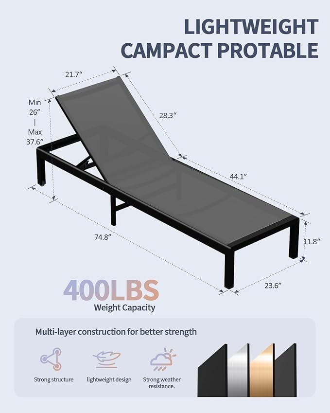 Aluminum Lounge Chairs Outdoor Chaise Furniture,2 Sets Patio Metal Deck Lounger Adjustable 5-Position Poolside Chase Recliner with Wheels for Beach,Coffee Table, (Gray, 2 Chairs + Table)
