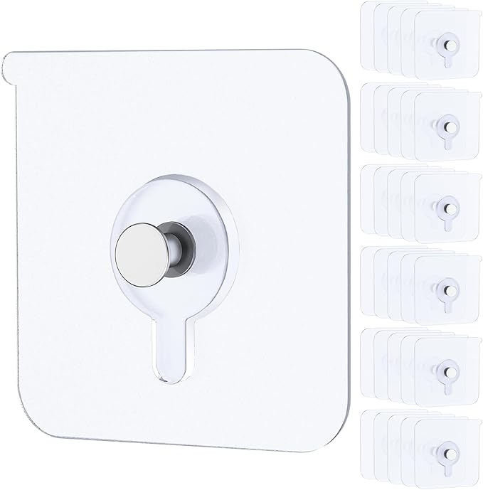 Uniclife 30 Pcs Self Adhesive Picture Hooks 33 lbs Max Load Heavy Duty Picture Hangers Without Nails Wall Hooks for Hanging Transparent Waterproof Frame Hangers Sticky Hook for Bathroom Kitchen
