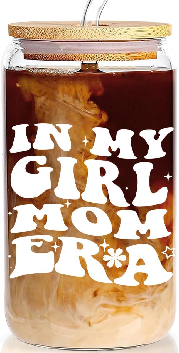 In My Girl Mom Era 16oz Glass Cup - Drinking Cup with Lid and Straw for Moms - Christmas & Mothers Day Gifts
