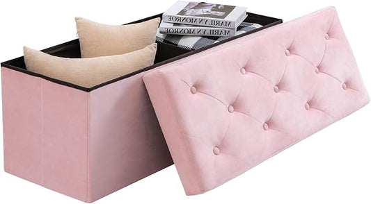 BRIAN & DANY 43 Inches Ottoman with Storage, Velvet Storage Ottoman Bench, End of Bed Benches, Folding Ottomans for Bedroom, Living Room and Entryway (Pink)