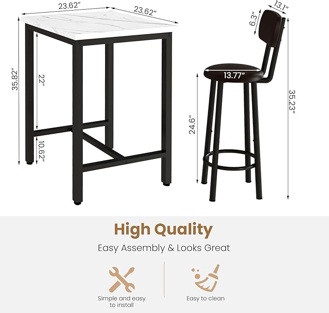 DKLGG Dining Table Set for 2, 24" Square Kitchen Table and Chairs Set with MDF Tabletop & 2 PU Leather Chairs, Bar Pub Dining Set for Small Space Bar Kitchen Living Room Apartment, White