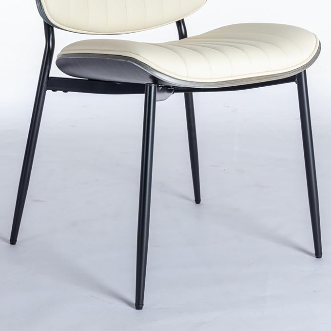 Dining Chairs Set of 4, Mid Century Modern Accent Dining Room and Kitchen Chairs, Upholstered PU Leather Vertical Stripe Chairs for Vanity with Walnut Bentwood and Metal Legs, Beige