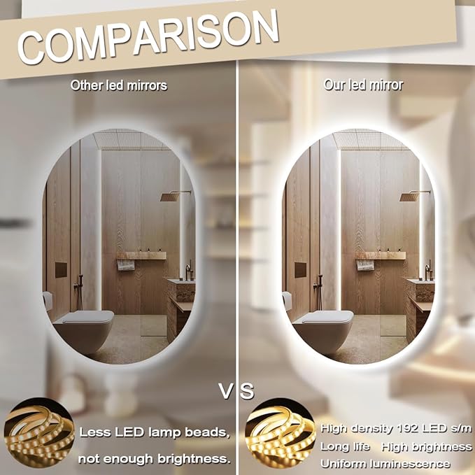 THEKLA 30 x 40 Inch Oval Lighted Vanity Mirror with Lights Backlit Smart Memory 3 Color Dimmable AntiFog 40" Frameless LED Oval Backlit Mirror for Bathroom Salon Makeup Wall Vertical/Horizontal Mount