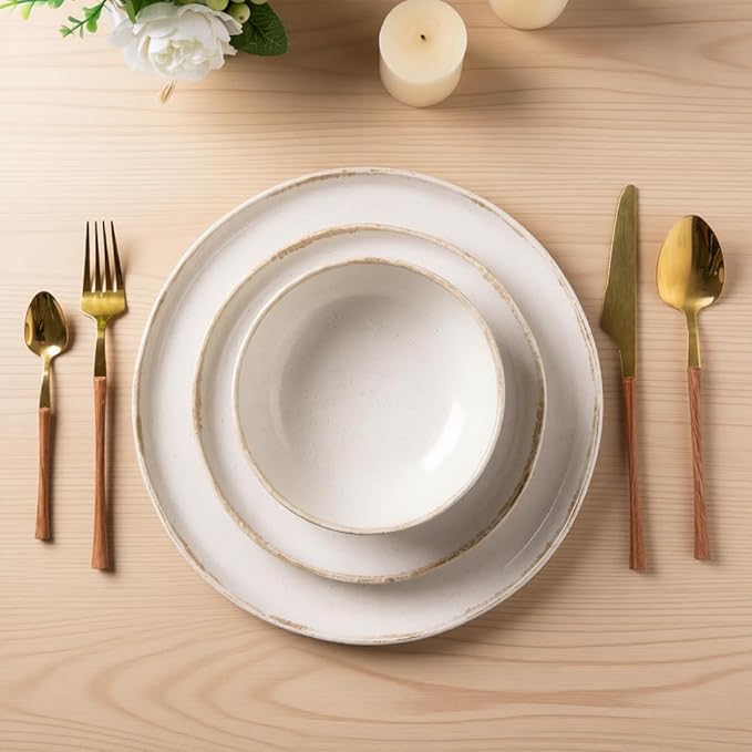 AmorArc Ceramic Dinnerware Sets, Wavy Rim Stoneware Plates and Bowls Sets, Highly Chip and Crack Resistant | Dishwasher & Microwave Dishes set, Service for 4 (12pc)-Speckled Cappuccino