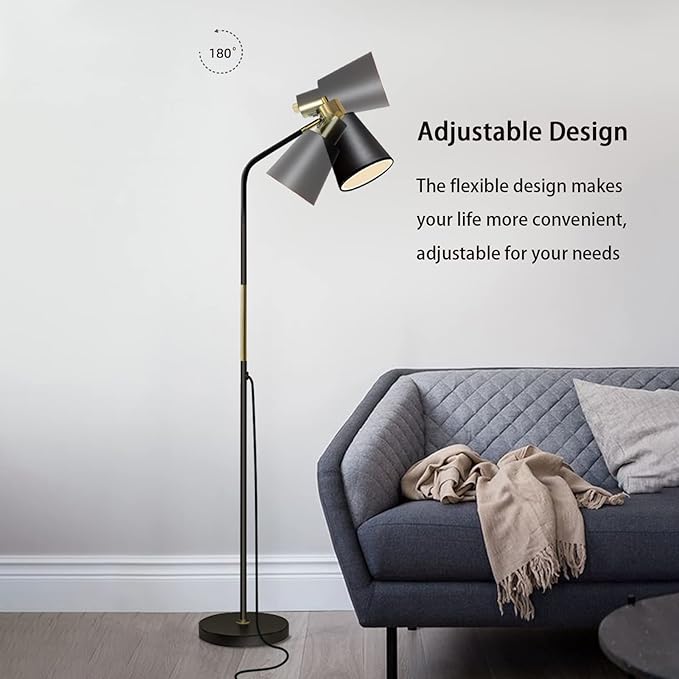 Floor Lamp, Industrial Floor Lamps for Living Rooms Rustic Farmhouse Reading Standing Floor Lamp Adjustable Metal Heads Indoor Task Lighting for Living Room Bedroom Office Home Décor (Black)