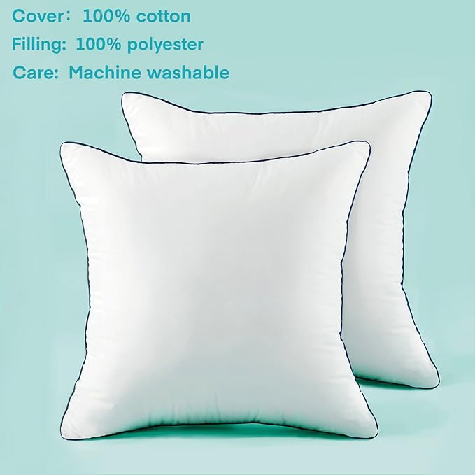22x22 Inch Pillow Inserts Set of 2-100% Cotton Cover, Square Decorative Throw Pillows for Couch, Sofa, Chair, or Bed (2 Pack, 22x22 Inch)