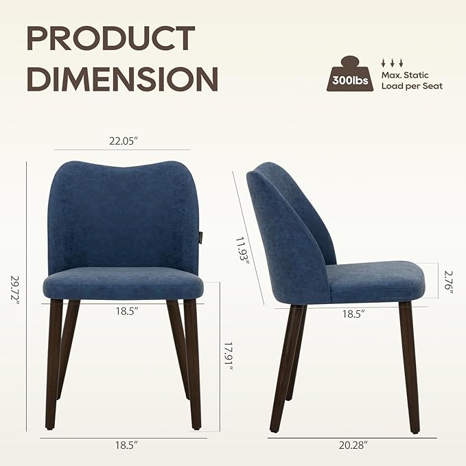 Wooden Dining Chairs Set of 6, Upholstered Kitchen Dining Room Chair, Modern Farmhouse Dinner Chair for Restaurant & Cafe, Blue