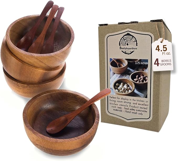 Set of 4 Small Round Acacia Wooden Bowls 3¾ Inch Diameter 1½" High With Spoons - Stackable Mixing Bowl Salad Soup Snack Dip Sauce Charcuterie Wood Tableware Sets for Decor and Serving