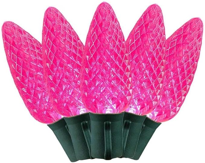 Novelty Lights 25 Feet 25 Light C9 Diamond Faceted LED String Lights, Pink, Pre-Lamped Holiday Lights on Green Wire, UL Listed Indoor/Outdoor, Connectable End-to-End