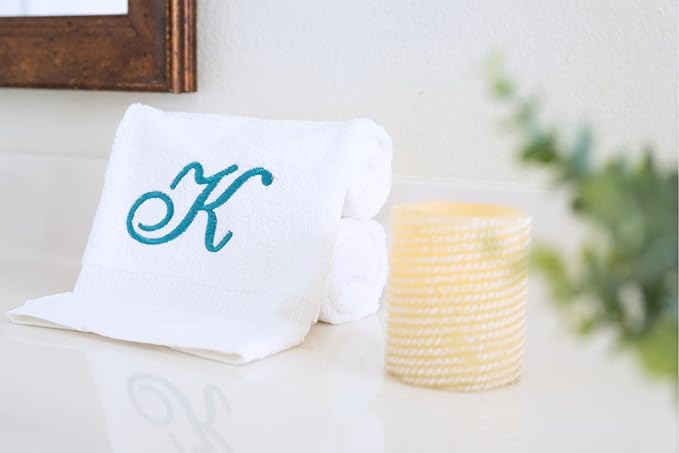 White Monogrammed Hand Towels for Bathroom - Luxury Hotel Quality Personalized Initial Embroidered Towel for Powder Room, Spa - GOTS Organic Certified - Set of 2 Teal Letter K
