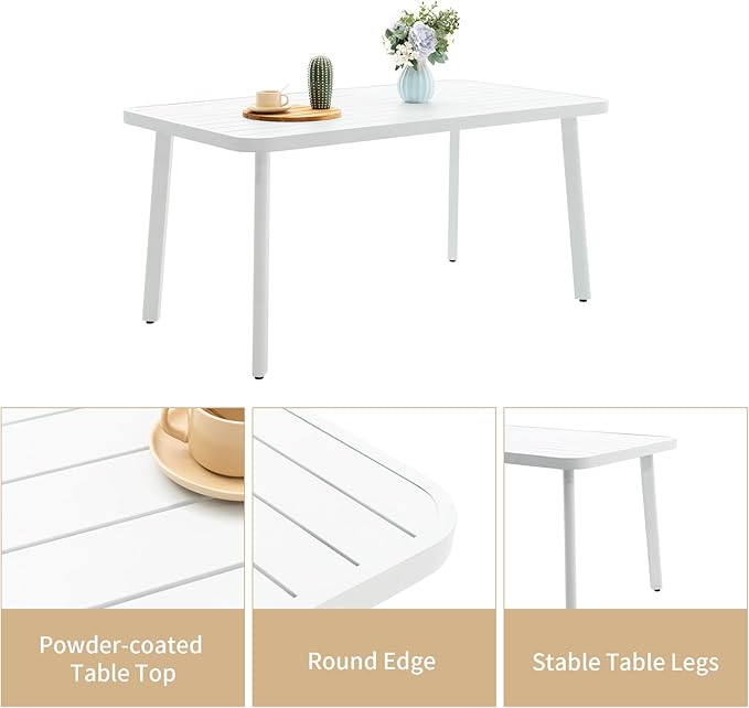 Outdoor Dining Table for 4 Person 62" Rectangle Aluminum Table Patio Furniture for Garden, Lawn, Patio, White