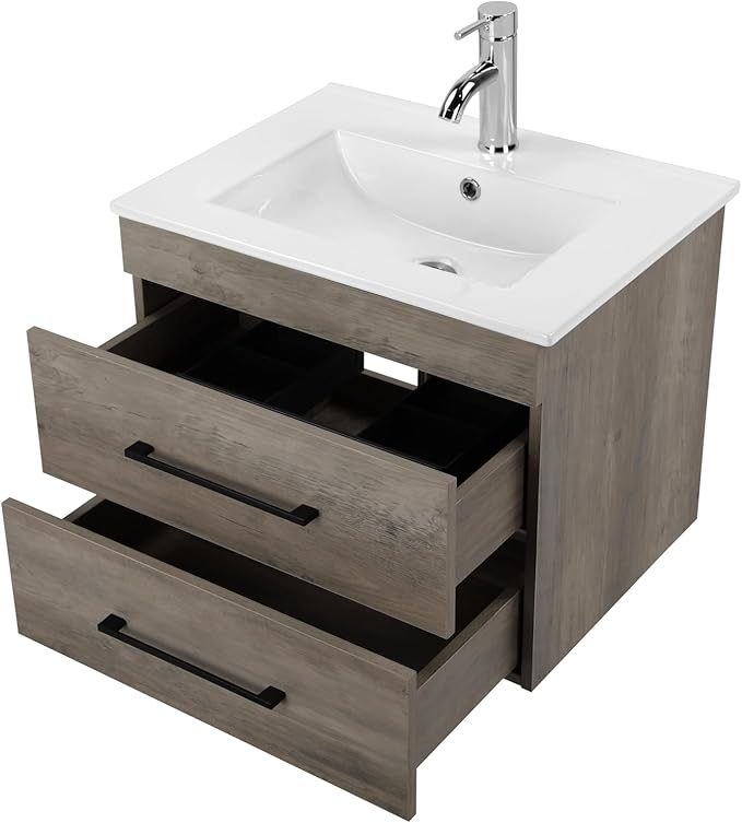 Goujxcy 24" Wall Mounted Bathroom Vanity with Sink, Modern Floating Bathroom Cabinet with Ceramic Sink & Double Drawers, Wood Hanging Bath Room Cabinet with Soft-Close System (Grey)