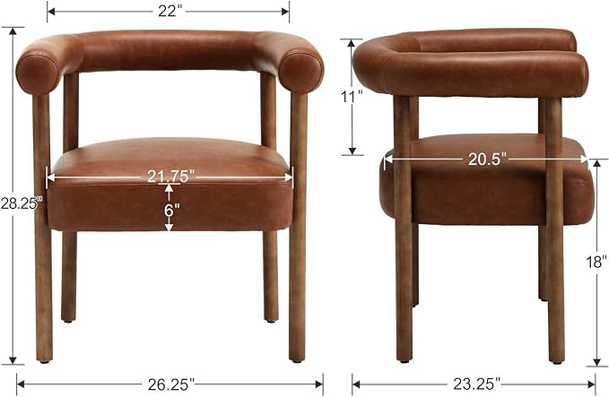 Mid-Century Modern Dining Chairs Set of 2, Armrest Barrel Dining Chairs Side Accent Chairs with Curved Back, Upholstered Wood Armchairs for Kitchen, PU Leather Brown