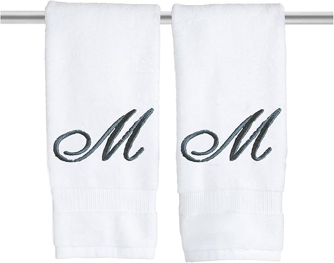 White Monogrammed Hand Towels for Bathroom - Luxury Hotel Quality Personalized Initial Embroidered Towel for Powder Room, Spa - GOTS Organic Certified - Set of 2 Dark Gray Letter M