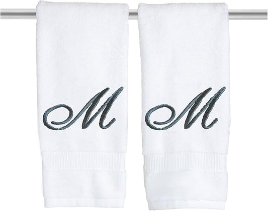 White Monogrammed Hand Towels for Bathroom - Luxury Hotel Quality Personalized Initial Embroidered Towel for Powder Room, Spa - GOTS Organic Certified - Set of 2 Dark Gray Letter M