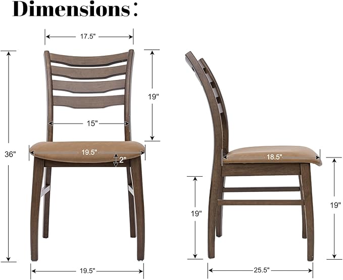 DUOMAY Farmhouse Dining Chairs Set of 2, PU Brown Upholstered Side Chairs Solid Wood Ladder Back Kitchen Chairs for Home Dining Room, Walnut Frame