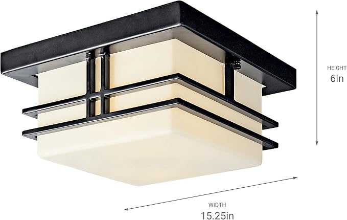 Kichler Tremillo 11.5" Outdoor Semi Flush Light in Black, 2-Light Exterior Ceiling Light with Satin Etched Cased Opal Glass, (11.5" W x 6.5" H), 49206BK