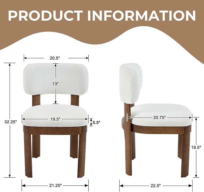 Beige Dining Chairs Set of 6 Mid Century Modern Upholstered Dining Room Chairs with Curved Backrest and Wooden Legs for Kitchen Island, Dining Room