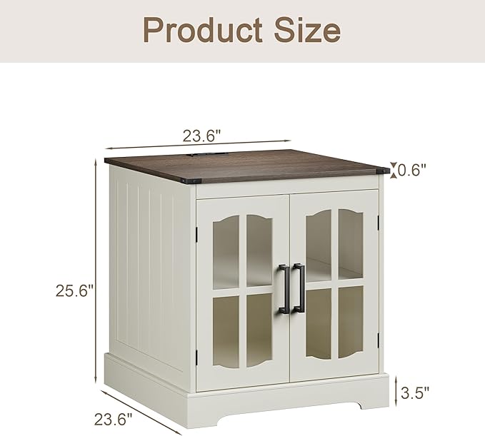ChooChoo Farmhouse End Tables Set of 2, 24" Large Sofa Side Table with LED, Rustic Square Nightstand Set 2 with Glass Barn Door, Bedside Table with Storage for Living Room Beige（Cream and Brown
