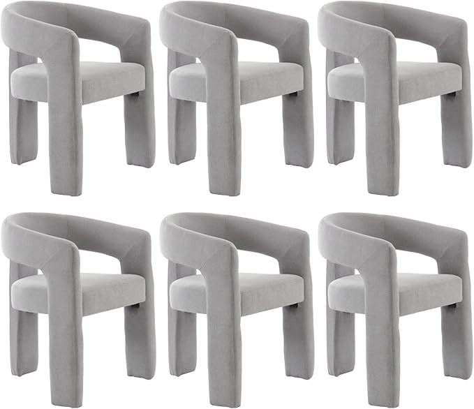 Modern Chenille Dining Chairs Set of 6, Upholstered Barrel Chairs with Arms Comfy Accent Side Chairs for Living Room/Dining Room/Reception, Grey