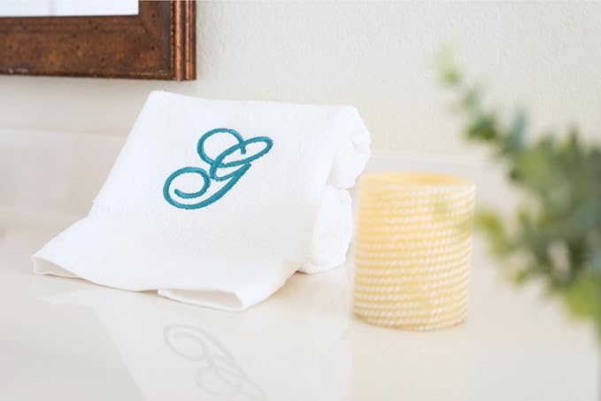 White Monogrammed Hand Towels for Bathroom - Luxury Hotel Quality Personalized Initial Embroidered Towel for Powder Room, Spa - GOTS Organic Certified - Set of 2 Teal Letter G