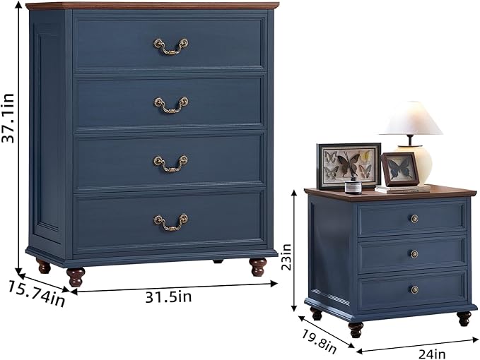 24" Wide Farmhouse Nightstand Set of 2, 37" Tall Rustic Chests of Drawers w/ 4 Solid Wood Feet, Farmhouse Furniture Series for Living Room,Bedroom,DarkBlue
