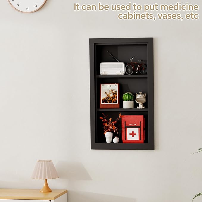 Solid Wood 14 X 24 Recessed Medicine Cabinet,3-Tier, Medicine Cabinet Organizer,Wall Niche, Bathroom Wall Cabinet, Recessed Bathroom Cabinet,recessed Wall Cabinet, Black