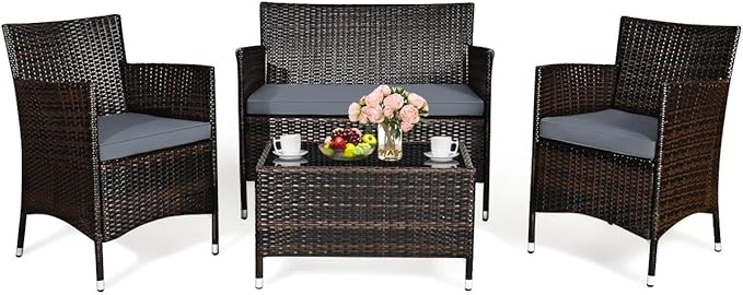 Tangkula 4 PCS Patio Rattan Conversation Set, Outdoor Wicker Furniture Set with Tempered Glass Coffee Table &Thick Cushion, Rattan Chair Wicker Set for Garden, Lawn, Poolside and Backyard (1, Gray)