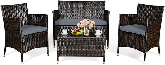 Tangkula 4 PCS Patio Rattan Conversation Set, Outdoor Wicker Furniture Set with Tempered Glass Coffee Table &Thick Cushion, Rattan Chair Wicker Set for Garden, Lawn, Poolside and Backyard (1, Gray)