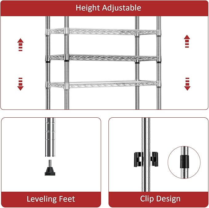 IZEUK 4 Tier Steel Storage Shelves, Heavy Duty Metal Shelf Wire Shelving Rack for Pantry, Kitchen, Living Room, or Office Organization (11.8" D x 25.6" W x 45.5" H, 1000LBS, Chrome)