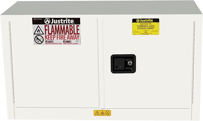 Justrite 17 Gallon Self Close Piggyback Flammable Storage Cabinet, 18 Gauge Steel, 1 Shelf, 2 Door Fire Cabinet, 24" x 43" x 18", Made in The USA, White, 891725