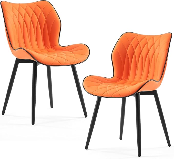 Kidol & Shellder Modern Dining Chairs Set of 2 Comfy Dining Room Chairs with Thick Cushions PU Leather Upholstered Kitchen Side Chairs with Metal Legs Orange