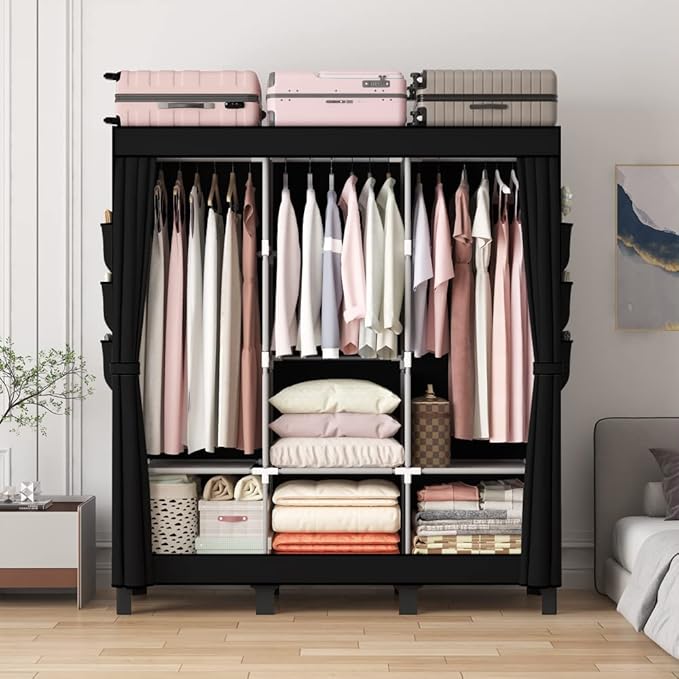 Portable Closet, Clothes Storage Box, Simple Wardrobe for Hanging Clothes, Multiple Shelves and 3 booms,6 Side Pockets (Black)” (Black, Large)