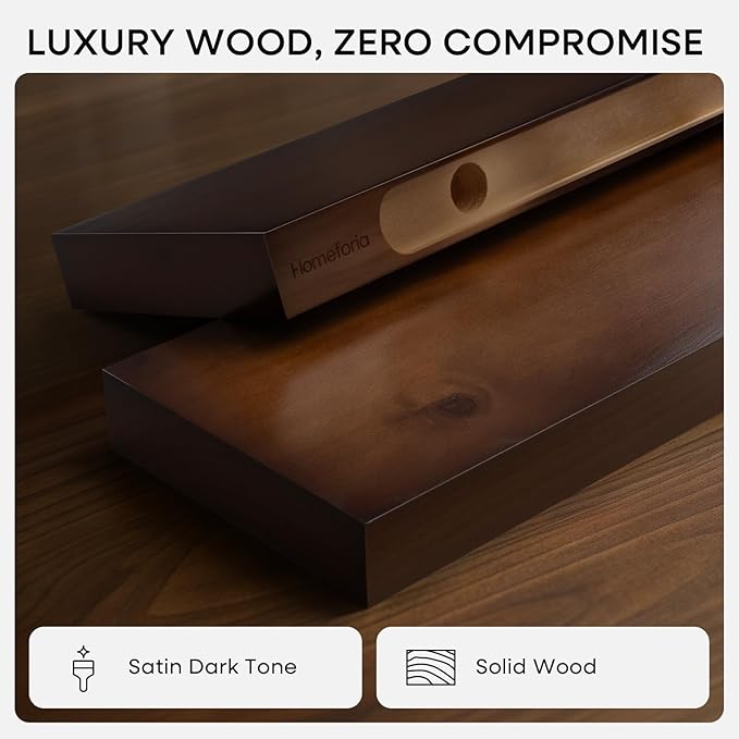 Homeforia Walnut Floating Bathroom Shelves, High End Solid Real Wood 16 inch Small Floating Shelf for Wall Mounted, Dark Brown 16inch Floating Shelves, Heavy Duty Bracket, 16 X 6.5 X 1.75 in, Set of 2