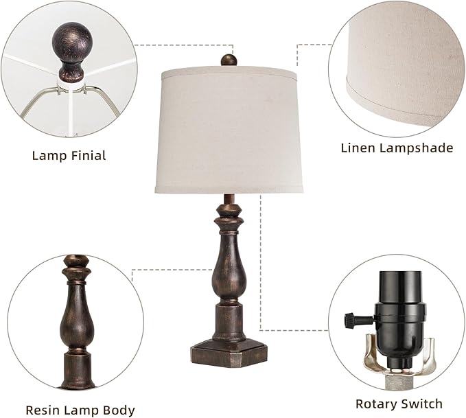 RORIANO 23" Set of 2 Vintage Farmhouse Table Lamp for Living Room Bedroom, Rustic Modern Resin Nightstand Bronze Desk Lamps for Entryway Office, 2 Bulbs Included