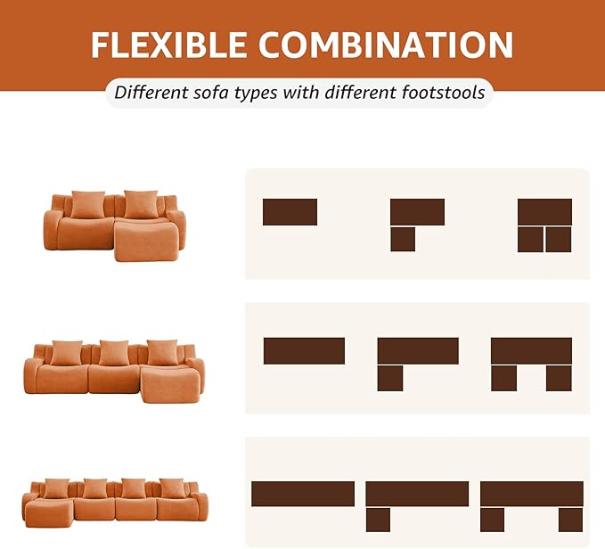 Orange L-Shaped Cloud Couch with 1 Ottoman, Modern Teddy Fabric Boneless Sectional Sofa in a Box, Modular Floor Sofa for Living Room, Deep Seat, No Assembly Required, Sofas para Sala