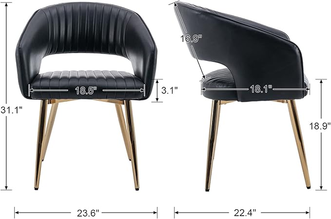 Modern Dining Chairs Set of 2, Upholstered PU Leather Gold Dining Room Chairs with Hollow Back, Accent Armrest Kitchen Chairs with Gold Legs for Living Room Black